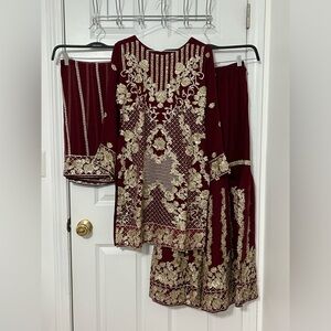 RMAW 3 piece stitched chiffon gharara suit with gold sequin work in rose motif